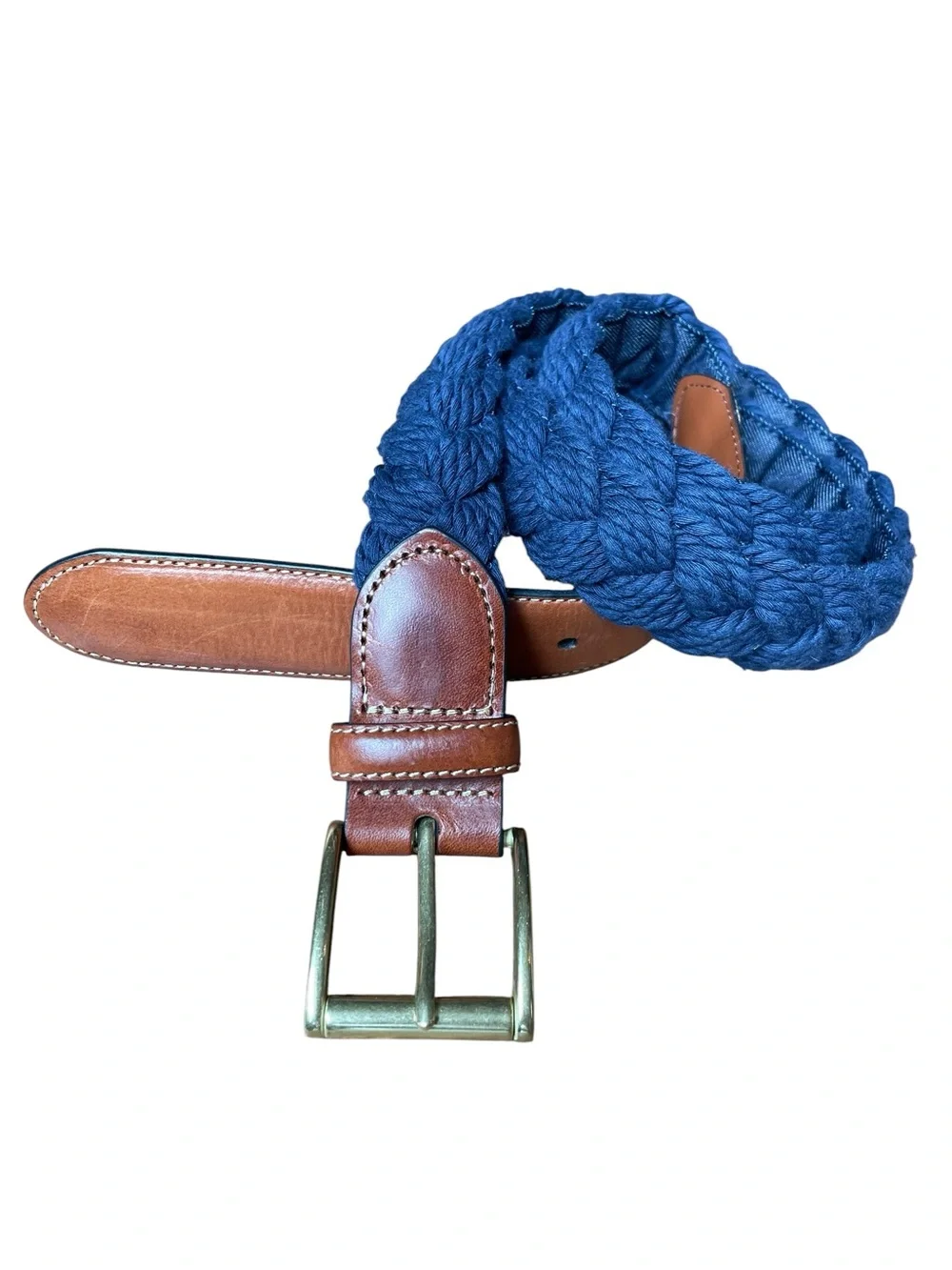 Jos A Bank Woven Leather Cotton Belt Men’s Sz 36 Blue Brown Golf Casual Denim